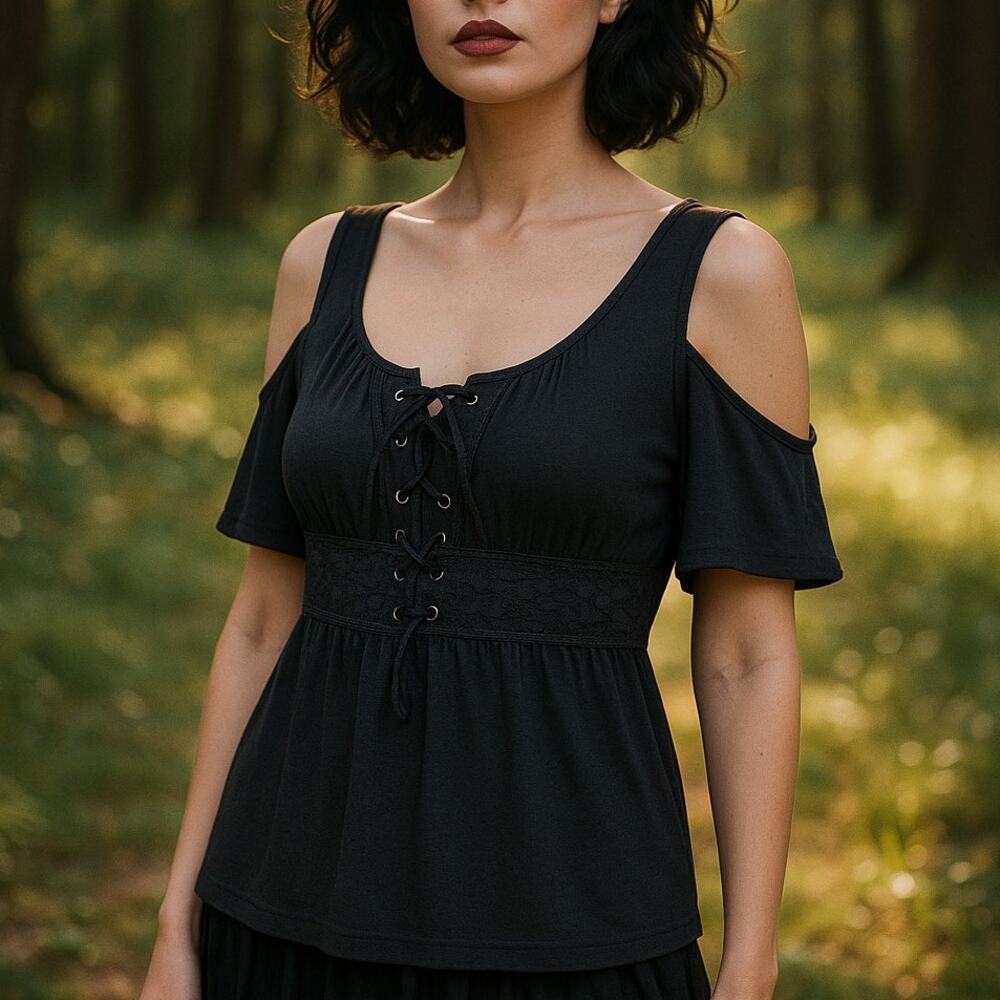 Mooncolour Babydoll Milkmaid Lace Up Front Cold Shoulder Top Goth, Whimsigoth M